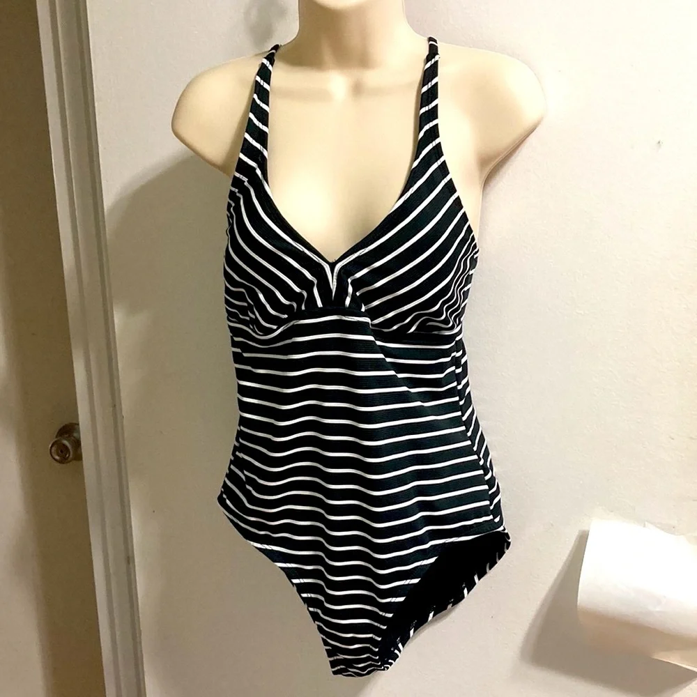 CATALINA Black White Stripe One Piece Swimsuit Womens Medium 8 10